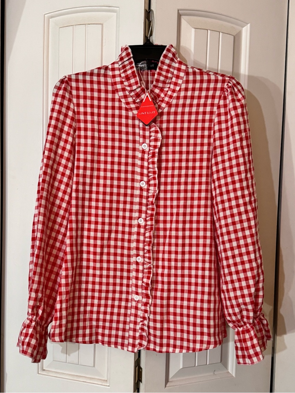 Red Gingham Ruffle-Front Blouse